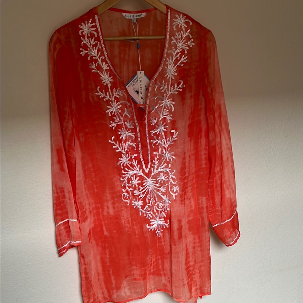 Blue Island Orange Embellished Long Sleeve Beach Coverup Tunic W/tags Sz L - Picture 2 of 6
